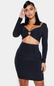 Shape Black Slinky Ruched Detail Bodycon Skirt, Black