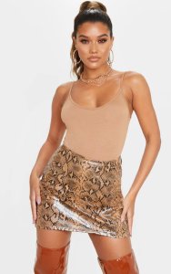 Prettylittlething - Stone textured faux leather snake a line skirt, stone