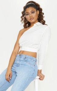 Prettylittlething - Tall white asymmetric one sleeve cropped shirt top