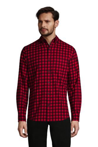 Flannel Shirt, Tailored Fit, Men, Size: 38-40 Regular, Black, Cotton, by Lands' End