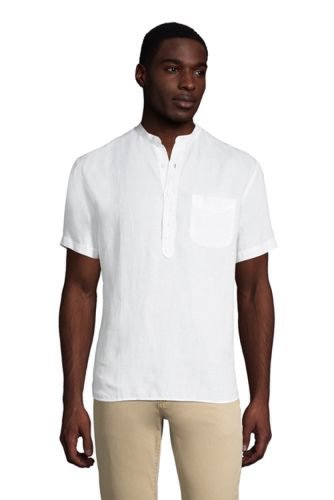 Grandad Collar Linen Shirt, Men, Size: 46-48 Regular, White, by Lands' End