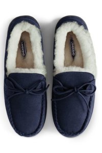 Lands' End Men's Suede Moccasin Slippers with Shearling Lining - 8, Blue