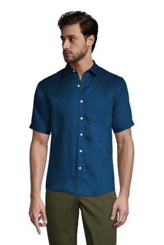 Short Sleeve Linen Shirt, Men, Size: 34 - 36 Regular, Blue, by Lands' End