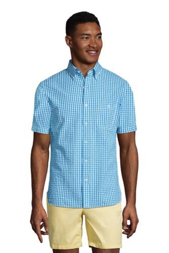 Short Sleeve Seersucker Cotton Shirt, Men, Size: 34 - 36 Regular, Blue, by Lands' End
