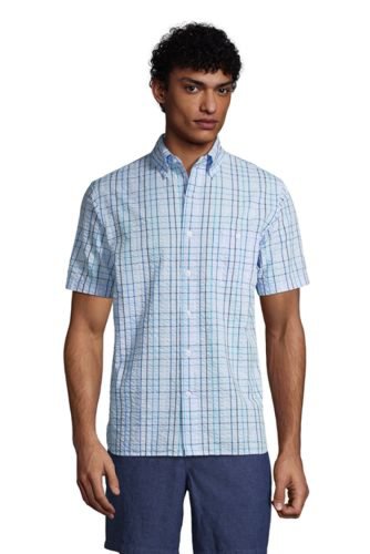 Short Sleeve Seersucker Cotton Shirt, Men, Size: 38-40 Regular, Blue, by Lands' End