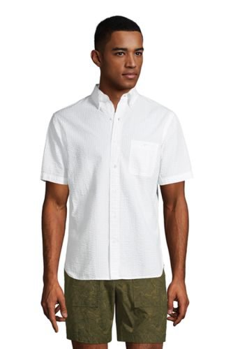 Short Sleeve Seersucker Cotton Shirt, Men, Size: 38-40 Regular, White, by Lands' End