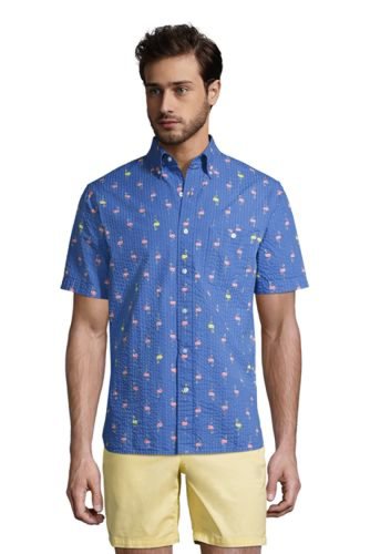 Short Sleeve Seersucker Cotton Shirt, Men, Size: 46-48 Regular, Blue, by Lands' End