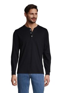 Super-T Henley Long Sleeve T-shirt, Men, Size: 46-48 Regular, Black, Cotton, by Lands' End