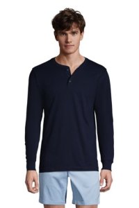 Lands End - Super-t henley long sleeve t-shirt, men, size: 46-48 regular, blue, cotton, by lands' end