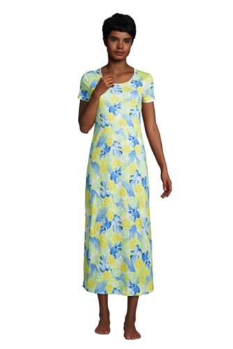 Supima Short Sleeve Calf-length Nightdress, Women, Size: 10-12 Regular, Yellow, Cotton, by Lands' End