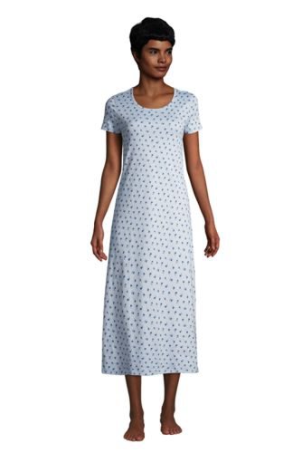 Supima Short Sleeve Calf-length Nightdress, Women, Size: 14-16 Petite, Blue, Cotton, by Lands' End