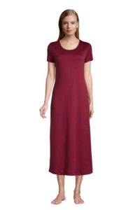 Supima Short Sleeve Calf-length Nightdress, Women, Size: 14-16 Regular, Red, Cotton, by Lands' End