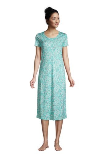 Supima Short Sleeve Calf-length Nightdress, Women, Size: 16-18 Regular, Blue, Cotton, by Lands' End