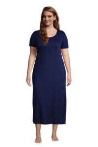 Supima Short Sleeve Calf-length Nightdress, Women, Size: 24-26 Plus, Blue, Cotton, by Lands' End
