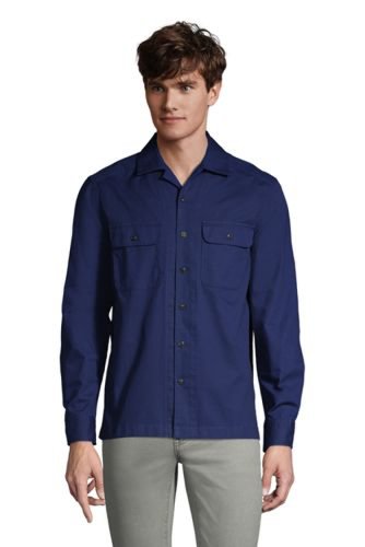 Textured Revere Collar Shirt, Men, Size: 38-40 Regular, Blue, Cotton, by Lands' End