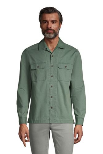 Textured Revere Collar Shirt, Men, Size: 38-40 Regular, Green, Cotton, by Lands' End
