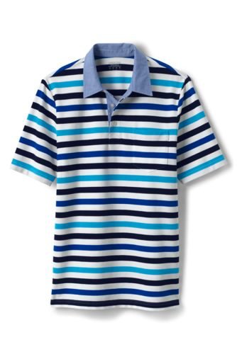 Woven Collar Stretch Piqué Polo Shirt, Men, Size: 38-40 Regular, Blue, Cotton-blend, by Lands' End
