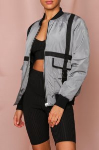 Womens Bomber Jacket With Strapping Detail - grey - 8, Grey
