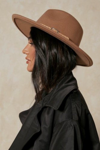 Womens Buckle Detail Fedora Hat - tan - ONE SIZE, Tan