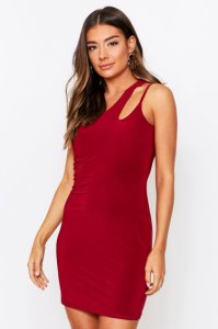 Womens Double Layer Slinky Asymmetric Cut Out Dress - berry - 6, Berry