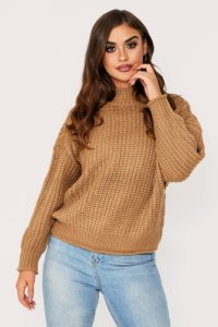 Womens knitted fisherman knot high neck jumper - camel - M/L, Camel