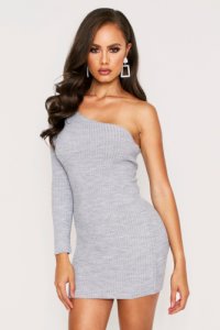 Womens One Shoulder Ribbed Knit Dress - grey - S, Grey