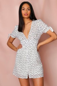 Misspap - Womens polka dot plunge tie sleeve dress - white - 14, white