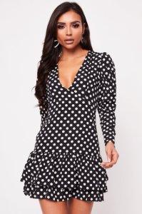 Misspap - Womens puff sleeve polka dot dress - black - 12, black