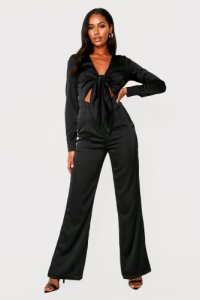 Misspap - Womens tie front satin jumpsuit - black - 14, black