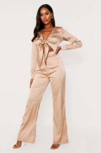Womens Tie Front Satin Jumpsuit - champagne - 14, Champagne
