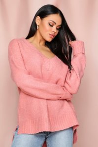 Womens V neck knitted jumper - pink - M, Pink