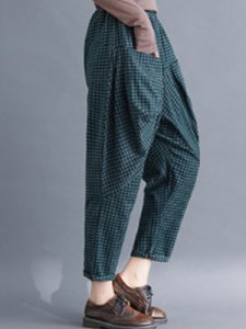 Berrylook Autumn and winter new cotton and linen lattice loose large size literary retro casual trousers online sale, shop,