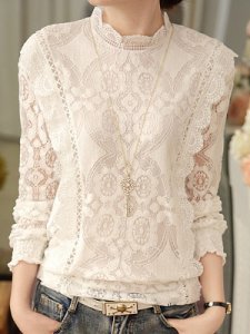 Berrylook Autumn Spring Lace Women High Neck Decorative Lace See-Through Floral Hollow Out Long Sleeve Blouses clothes shopping near me, stores and shops, red blouse, cute tops