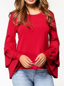 Berrylook Autumn Spring Polyester Women Round Neck Flounce Plain Long Sleeve Blouses online sale, shop, button up shirts for women, shirts & tops