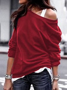 Berrylook Autumn Spring Winter Polyester Women Open Shoulder Plain Long Sleeve T-Shirts online stores, shoping,