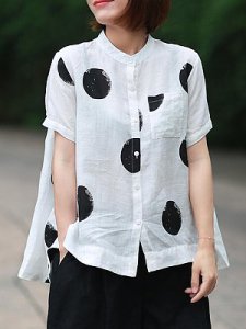 Berrylook Band Collar Dot Short Sleeve Linen Blouse sale, online, button up shirts for women, off the shoulder tops