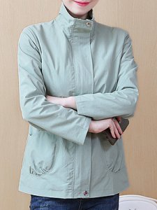 Berrylook Band Collar Slit Pocket Zips Decorative Button Plain Long Sleeve Trench Coats shoping, online,