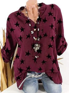 Berrylook Band Collar Star Print Long Sleeve Blouse stores and shops, clothes shopping near me, star Blouses, white top, white shirt womens