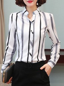 Berrylook Band Collar Striped Long Sleeve Blouse sale, clothes shopping near me, summer tops, dressy tops