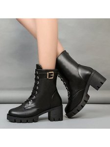 Berrylook British style mid-tube chunky heel ankle boots online, stores and shops,