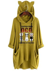 Berrylook Casual Laced Cartoon Cat Knit Long Sleeve Hooded Sweatershirt online shop, online, white sweatshirt, red hoodie