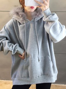 Berrylook Casual long sleeves loose hairy collar hooded sweatshirt shop, sale, Solid Hoodies, zip hoodie, grey hoodie