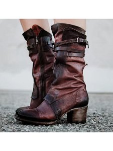 Berrylook Chunky High Heeled Round Toe Date Outdoor Mid Calf High Heels Boots shoppers stop, online sale,