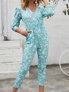 Berrylook Fashion floral V-neck waistband jumpsuit online shopping sites, shop, printing Jumpsuits, green jumpsuit, rompers for women