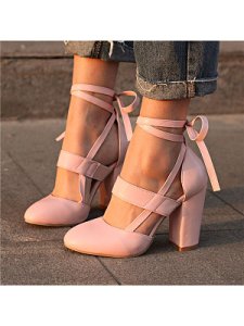 Berrylook Fashion ladies lace-up pure color chunky heels single shoes shoping, shop, Solid Pumps,