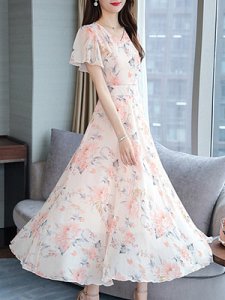 Berrylook Fashion Short Sleeve Waist Print Maxi Dress online shopping sites, online, Short Maxi Dresses, tea length dresses, off the shoulder dress