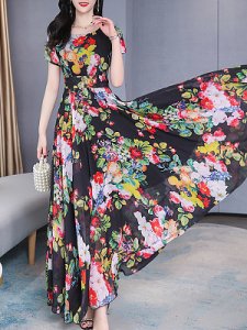 Berrylook Fashion Waist Short Sleeve Print Maxi Dress online stores, online sale, Short Maxi Dresses, vintage dresses, tea length dresses