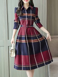 Berrylook Fold-Over Collar Plaid Skater Dress shop, online shop, plaid Skater Dresses, blue skater dress, fit and flare dress