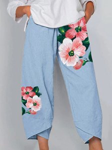 Berrylook Fresh flowers printed cotton and linen wide-leg pants online sale, online,