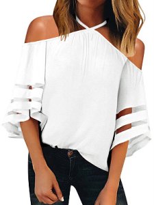 Berrylook Halter Patchwork Plain Blouses online shopping sites, clothing stores, shirts for women, ruffle blouse